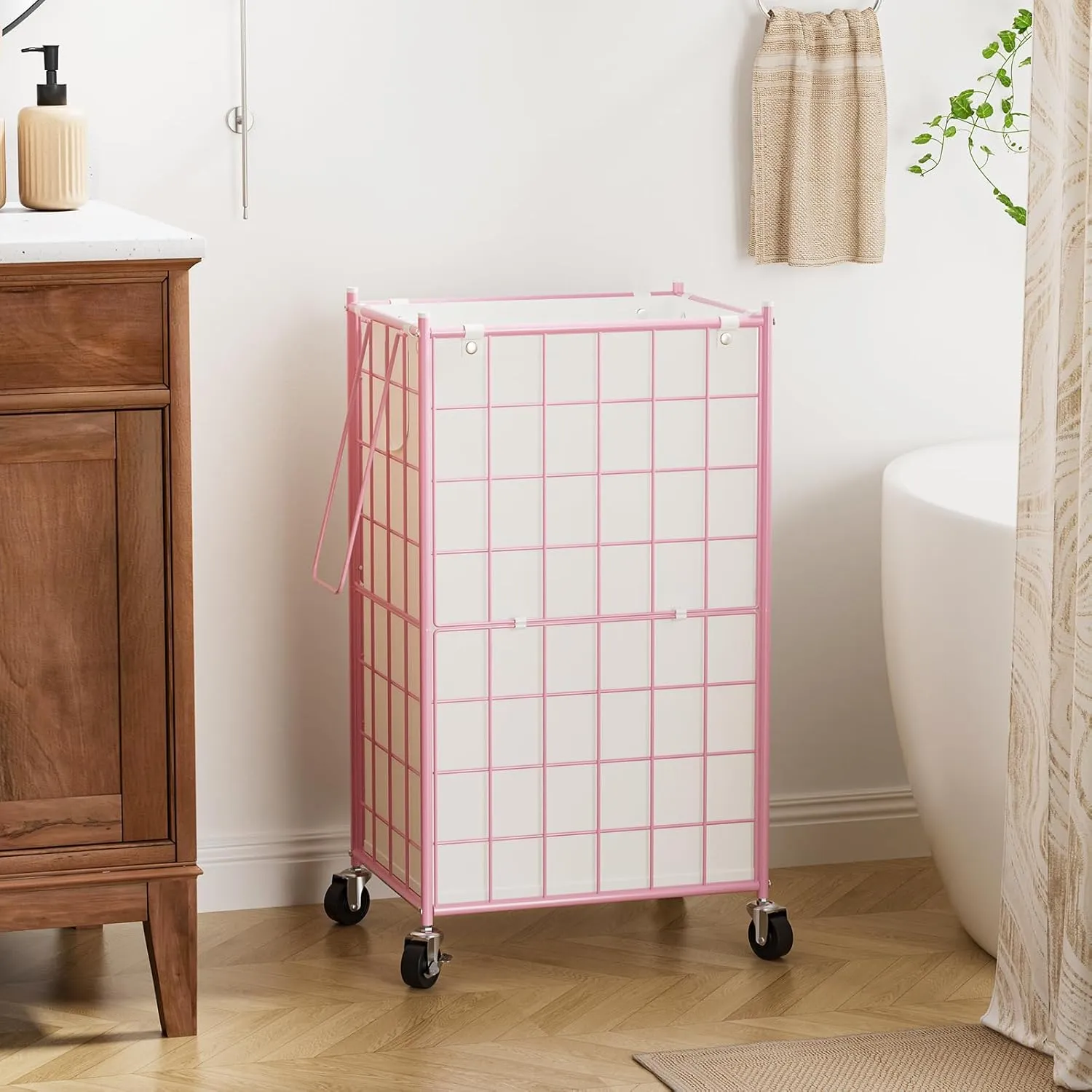 WOWLIVE Laundry Hamper with Wheels,Metal Wire Frame Rolling Laundry Basket with Removable bag,100L Dirty Clothes Hamper Organizer Dorm Room Storage for Bedroom,Bathroom,Pink