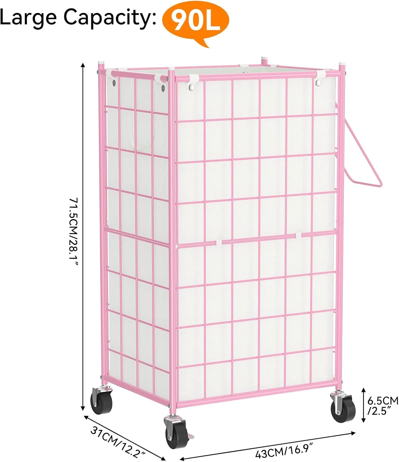 WOWLIVE Laundry Hamper with Wheels,Metal Wire Frame Rolling Laundry Basket with Removable bag,100L Dirty Clothes Hamper Organizer Dorm Room Storage for Bedroom,Bathroom,Pink