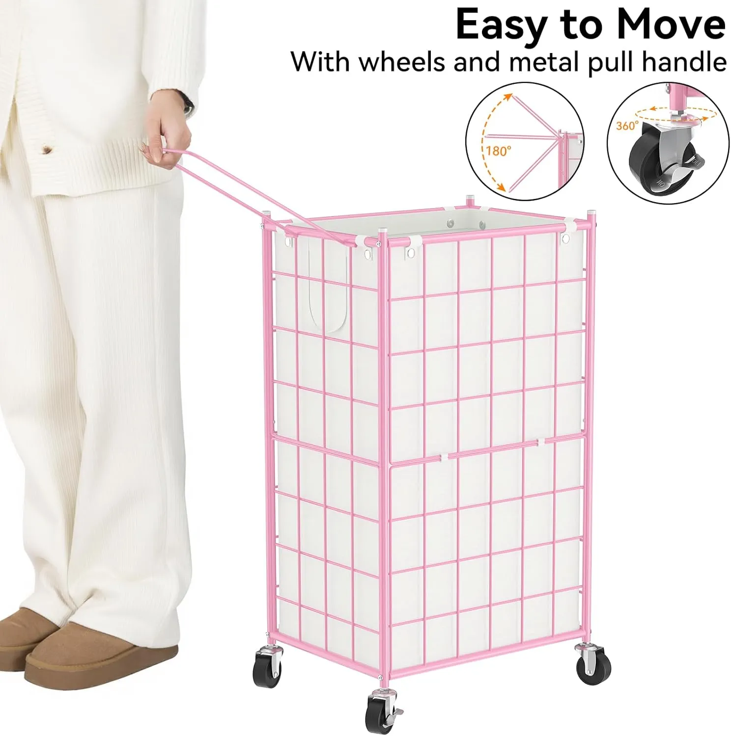 WOWLIVE Laundry Hamper with Wheels,Metal Wire Frame Rolling Laundry Basket with Removable bag,100L Dirty Clothes Hamper Organizer Dorm Room Storage for Bedroom,Bathroom,Pink