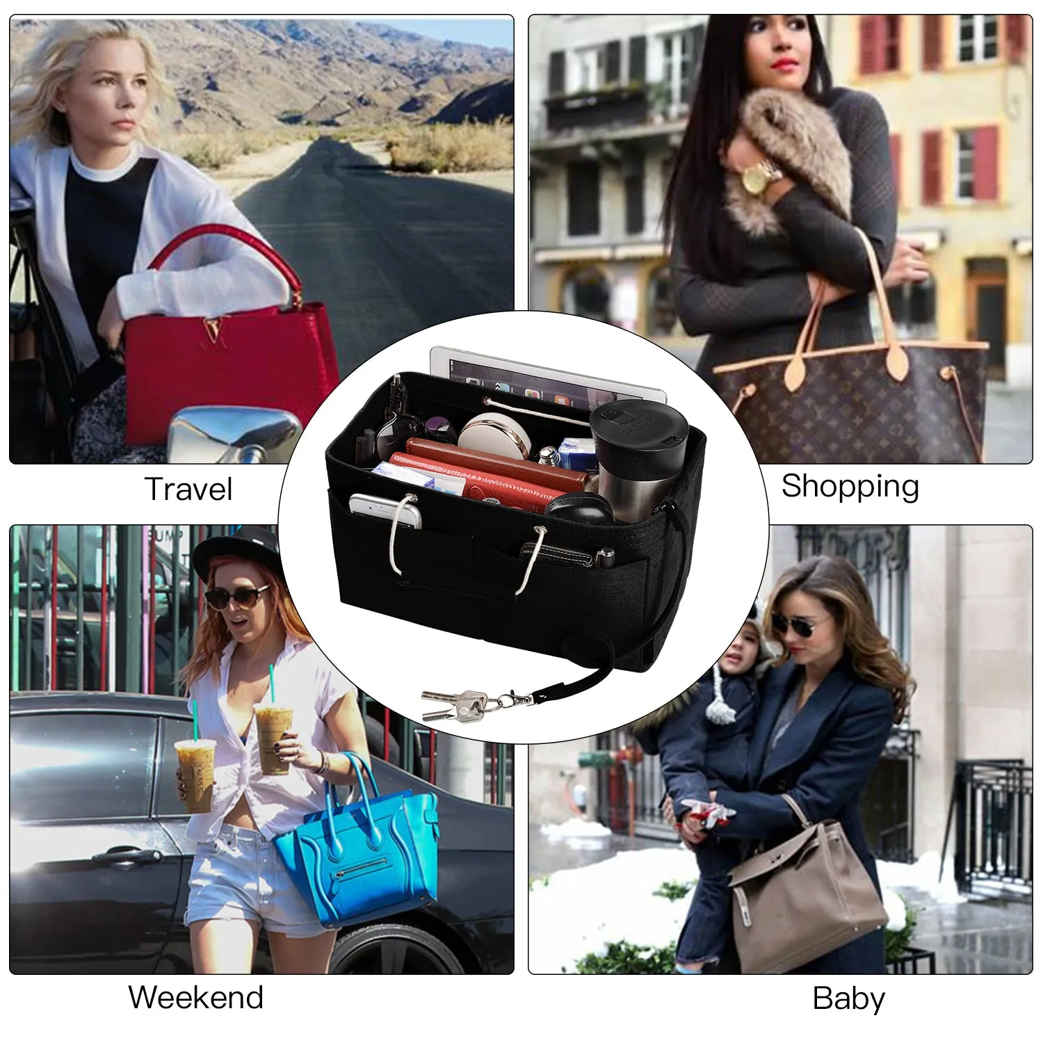 Ztujo Multi-Pocket Felt Handbag Organizer with Handles, Bag In Bag For Handbag Purse Organizer