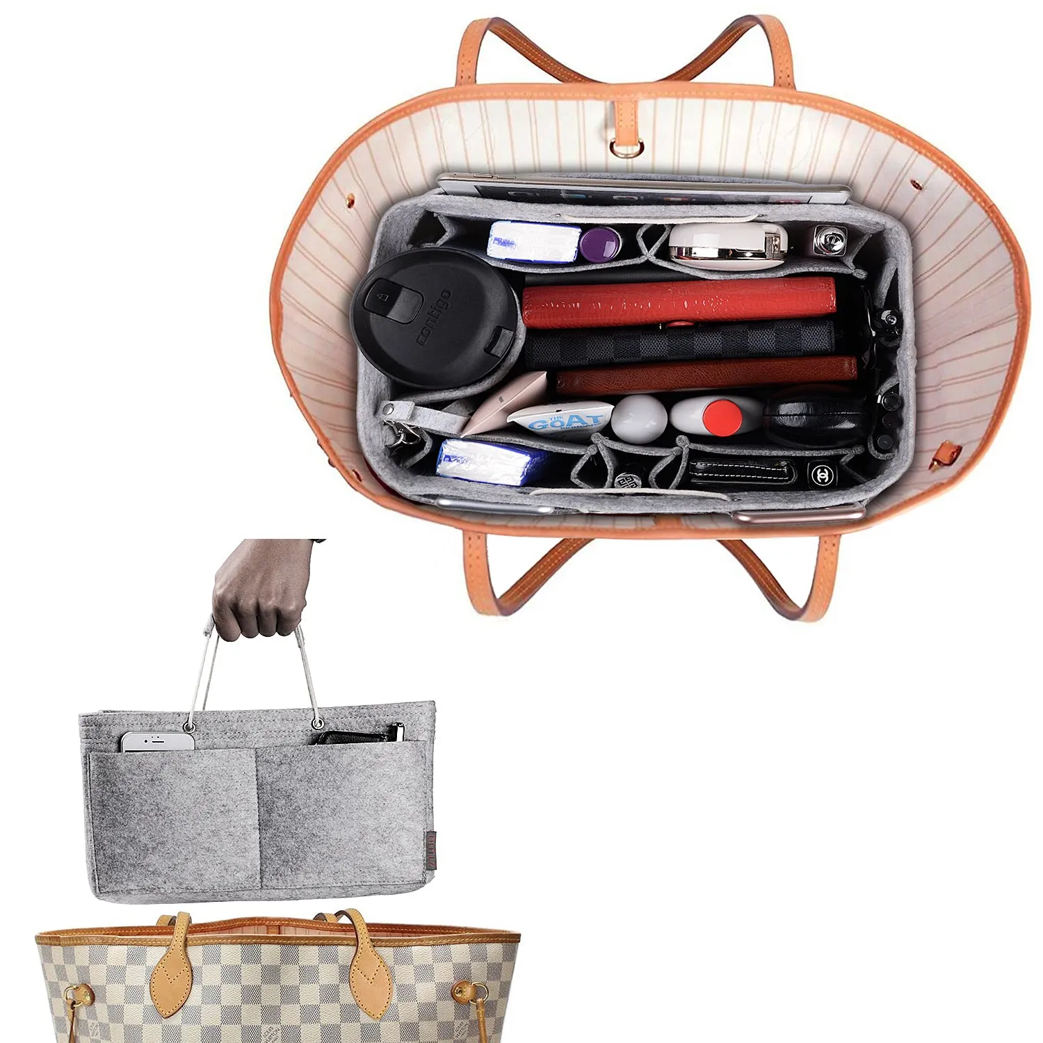 Ztujo Multi-Pocket Felt Handbag Organizer with Handles, Bag In Bag For Handbag Purse Organizer