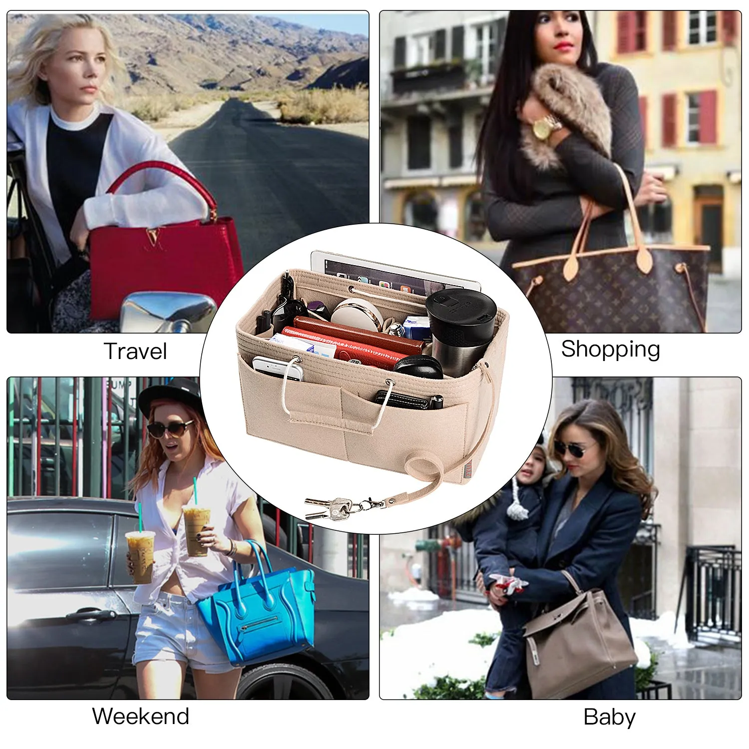 Ztujo Multi-Pocket Felt Handbag Organizer with Handles, Bag In Bag For Handbag Purse Organizer