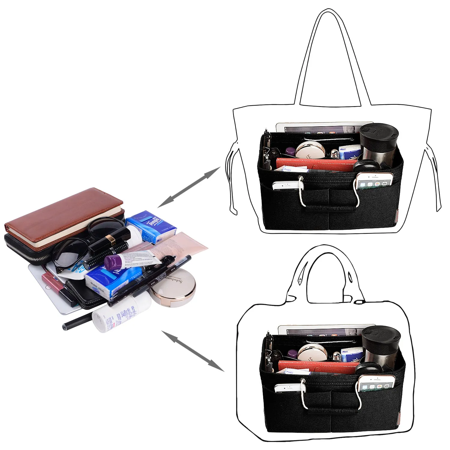 Ztujo Multi-Pocket Felt Handbag Organizer with Handles, Bag In Bag For Handbag Purse Organizer