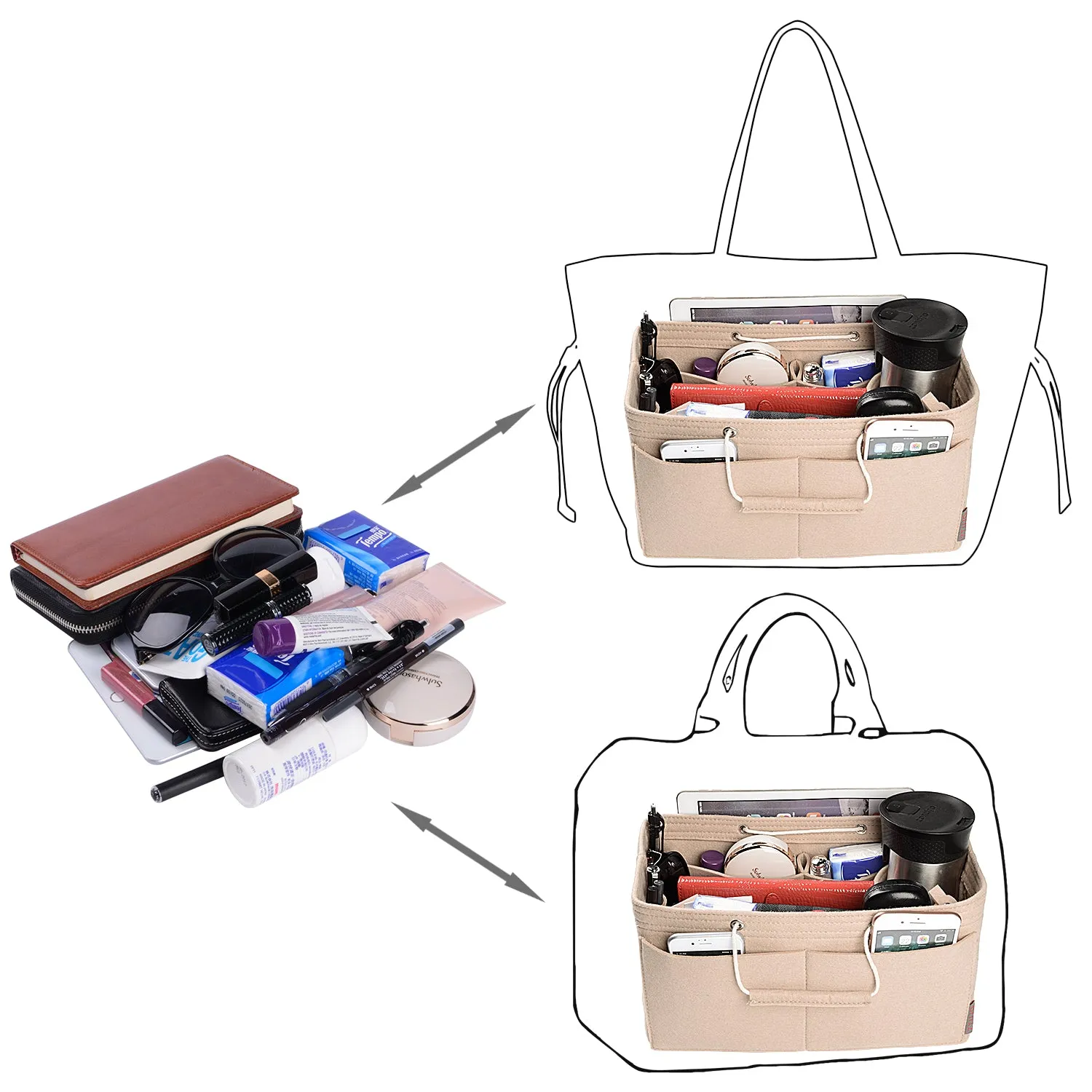 Ztujo Multi-Pocket Felt Handbag Organizer with Handles, Bag In Bag For Handbag Purse Organizer